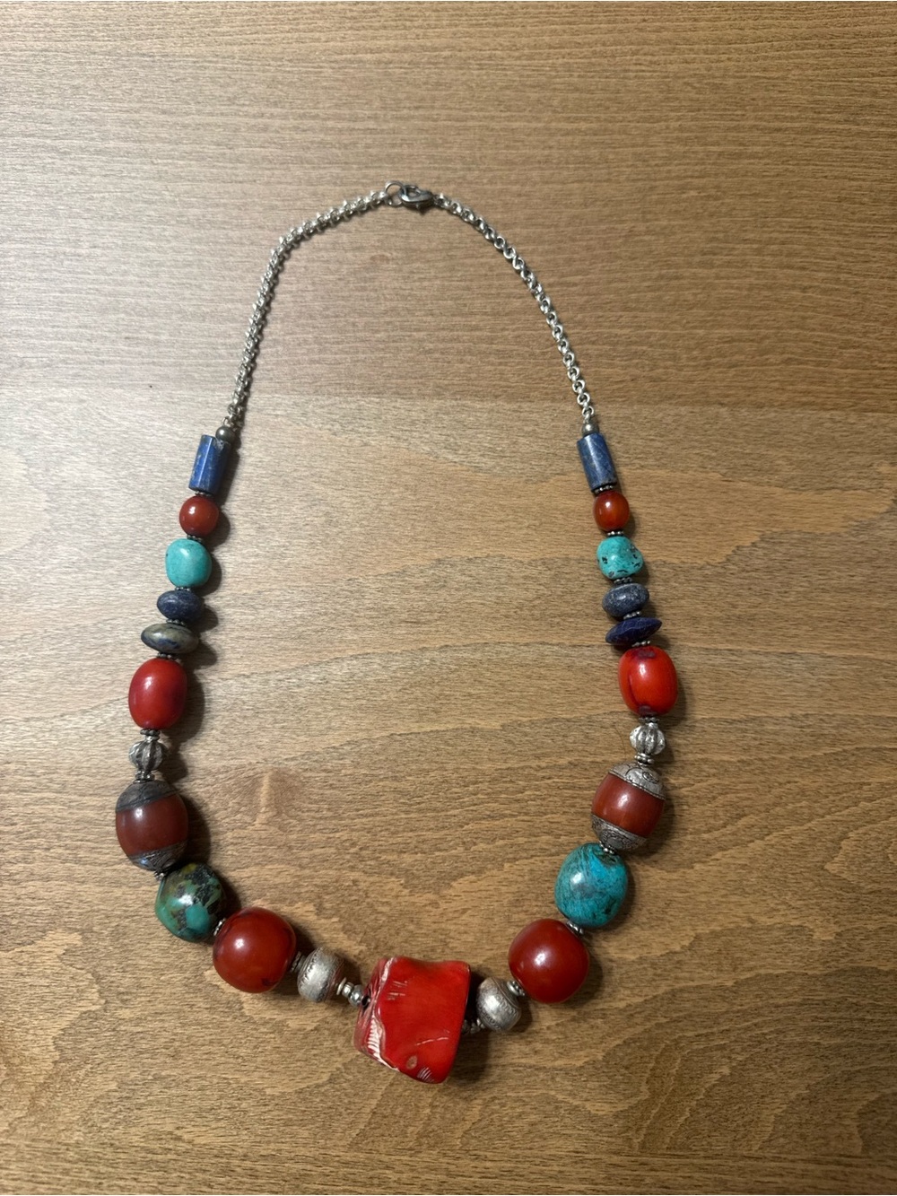 Turquoise and Red Beaded Necklace with Silver Accents